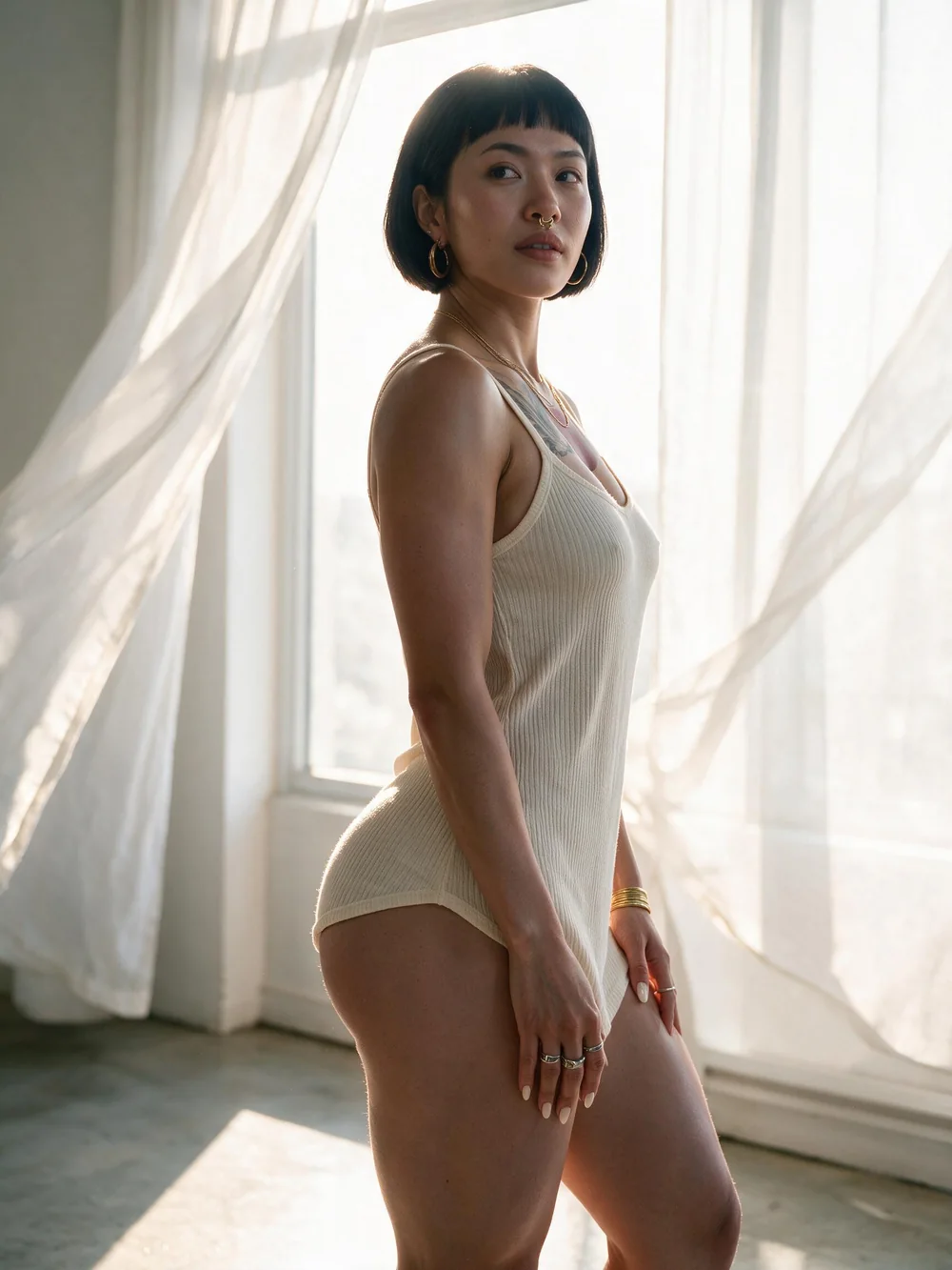 Sayumi diante da janela, entre cortinas de voil, na luz do fim de tarde